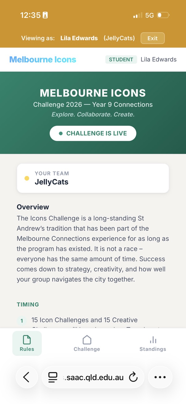 Icons Challenge student view main screen